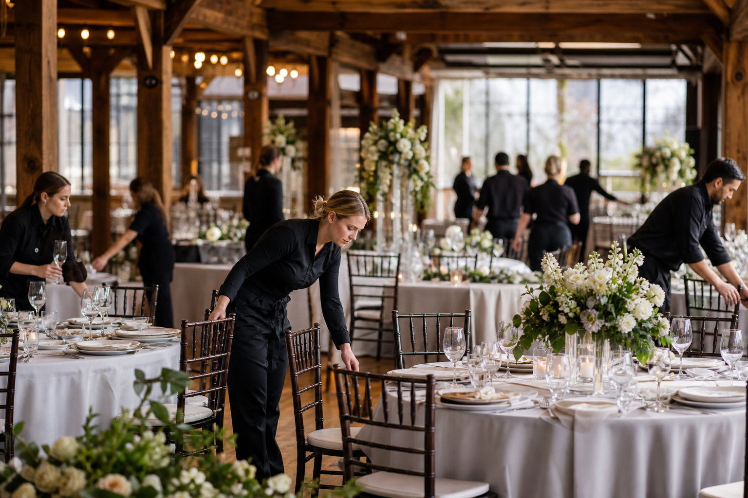 Waitstaff and event crew setting up a wedding reception before guests arrive