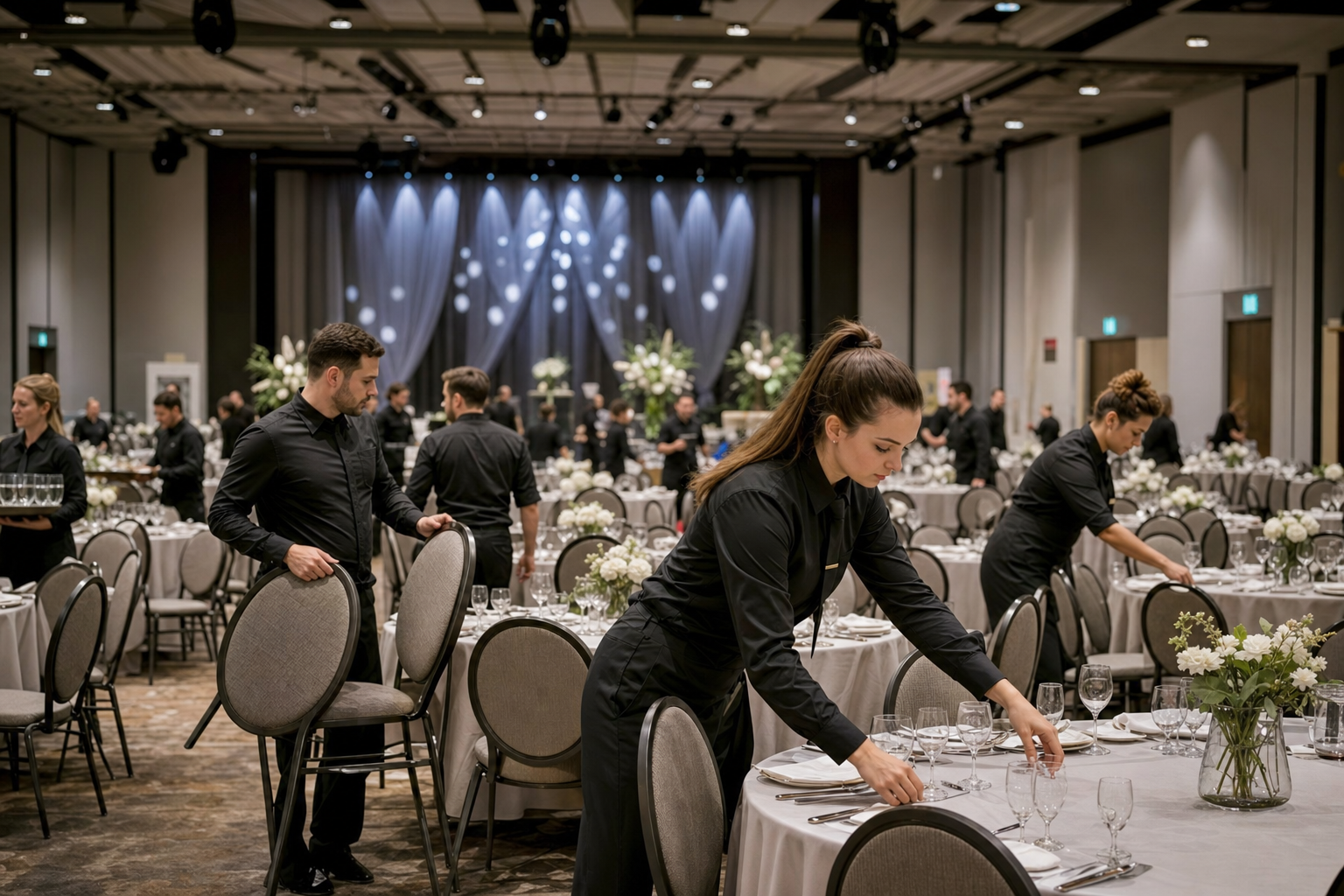 Busy event setup with waitstaff preparing tables and linens in a large banquet hall