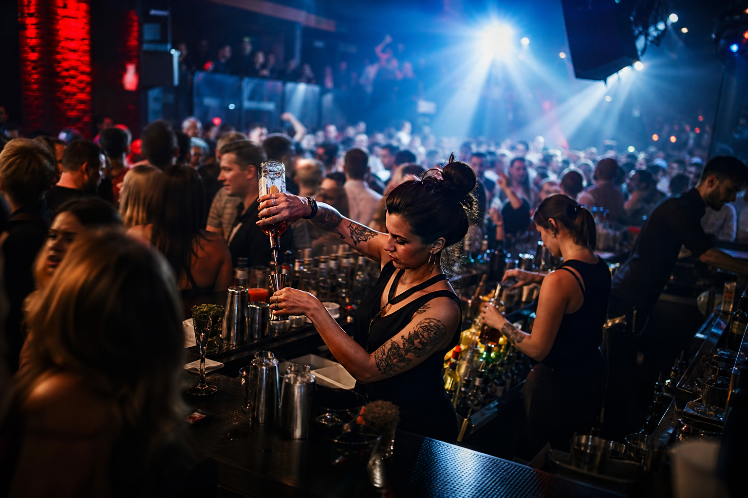 Concert bar staff and crew at a live music event