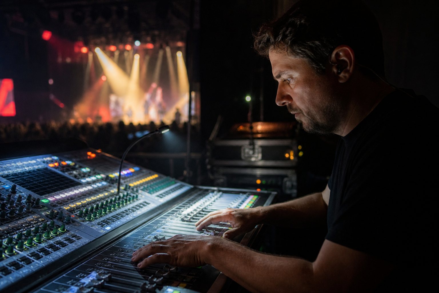 Live music event crew preparing bar and production support