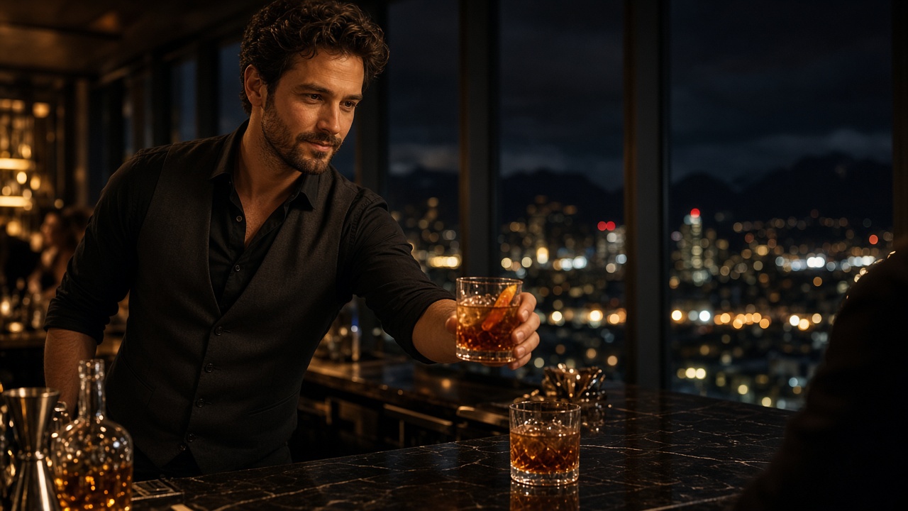 Professional bartender serving drinks at an upscale Vancouver rooftop event