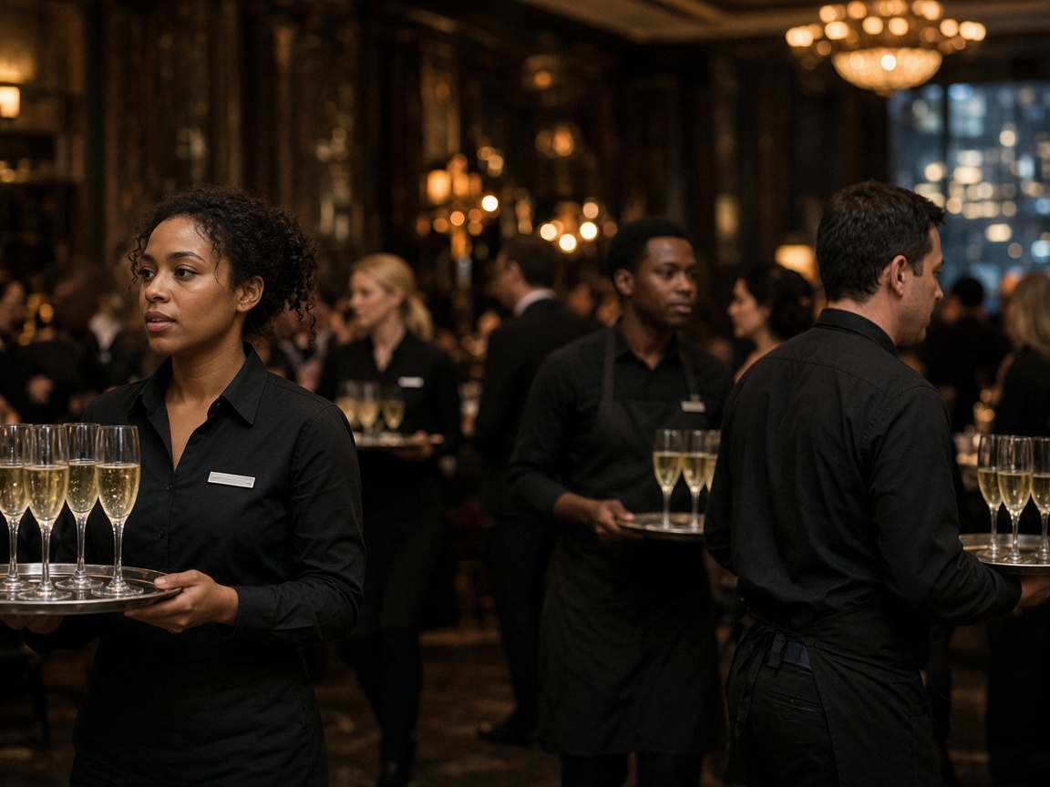 Event staff in black uniforms working a busy Vancouver gala