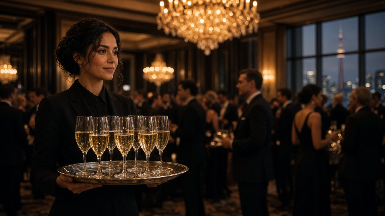 Professional waitstaff serving champagne at an elegant Toronto gala