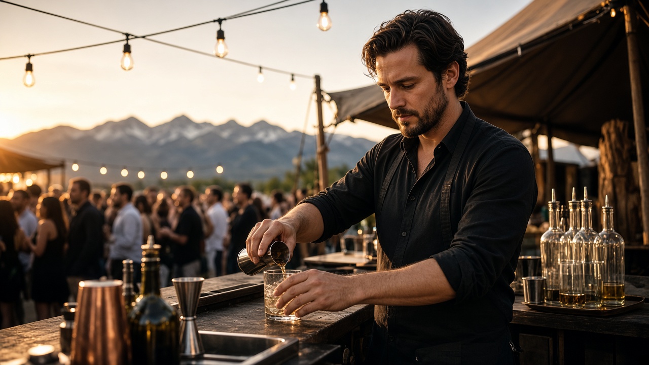 Bartender working an outdoor Calgary event under string lights