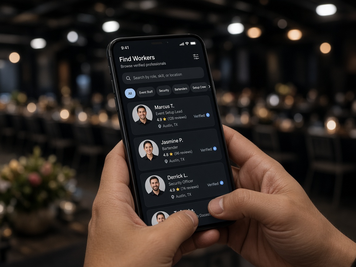 Smartphone showing a staffing app with worker profiles and ratings