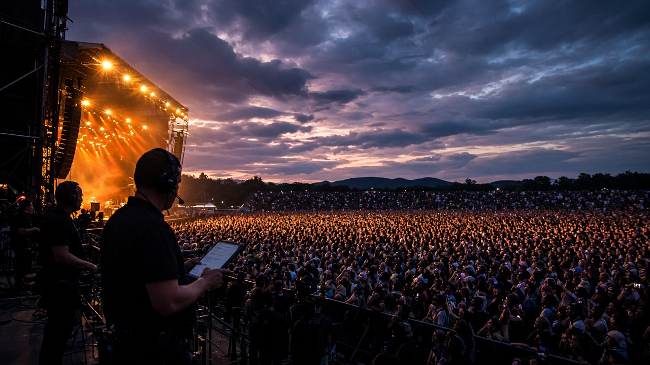 Wide angle outdoor Canadian festival at dusk with stage lights and crowd