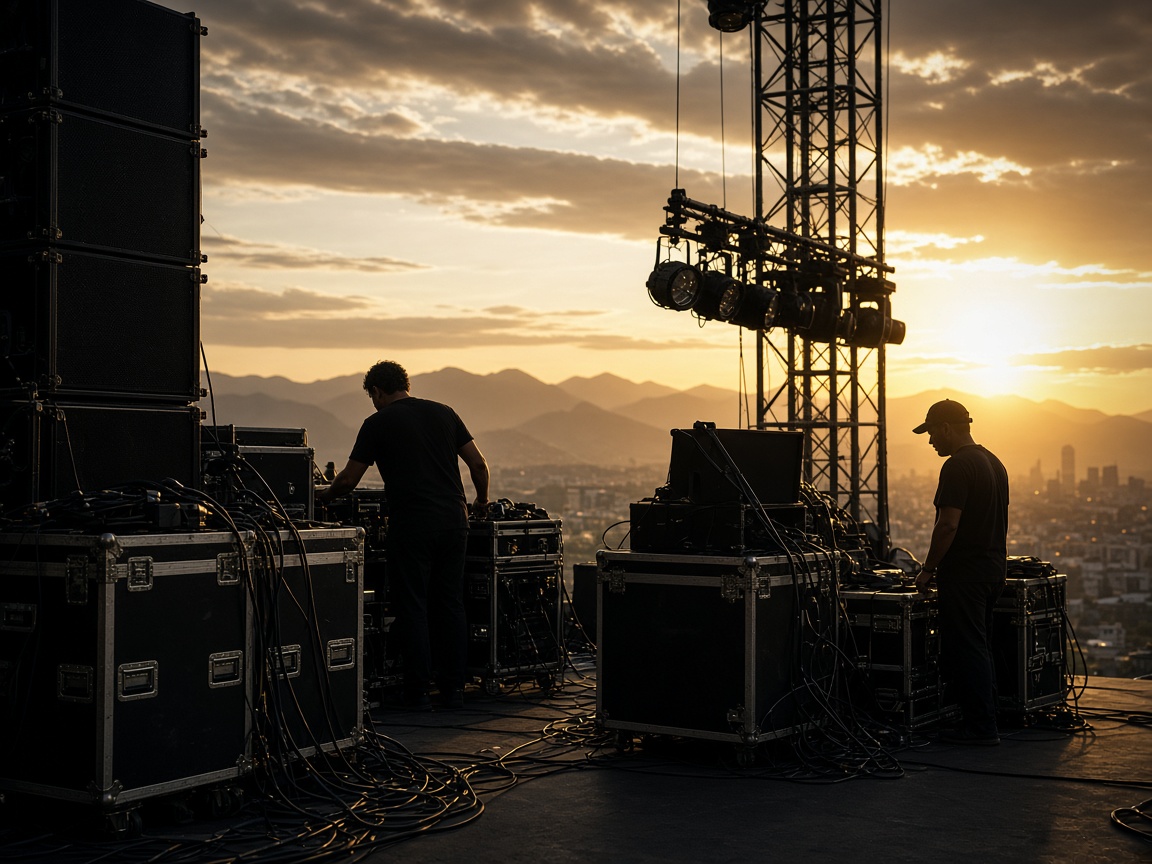 Stage hands setting up festival equipment at golden hour