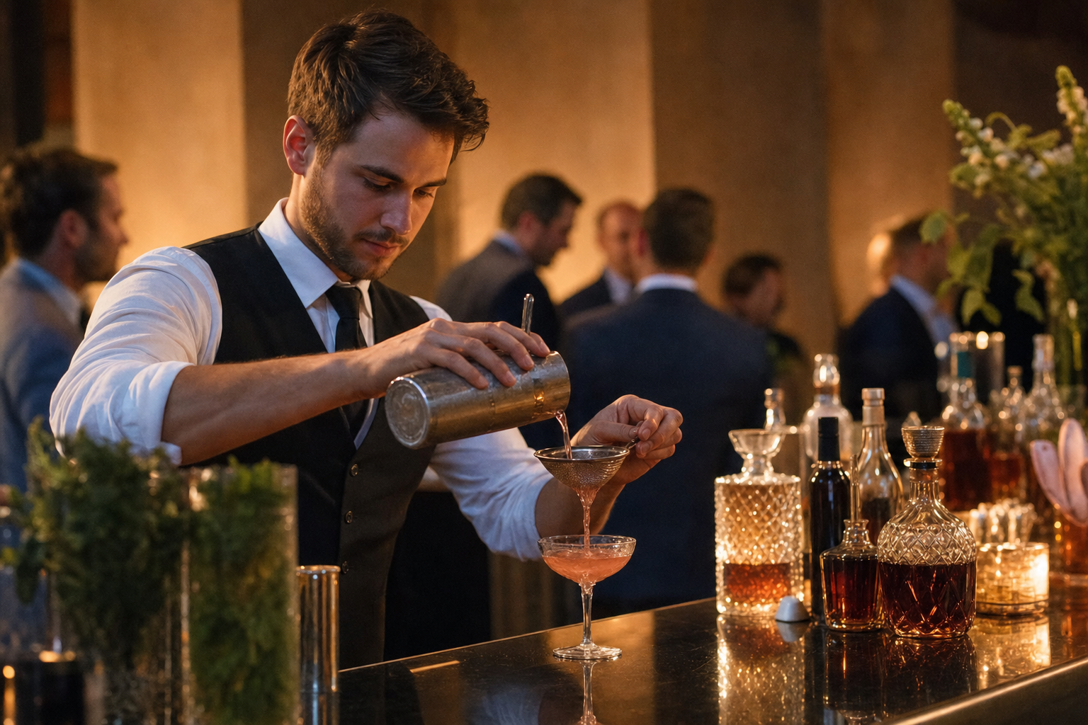 Professional bartender mixing cocktails at an upscale corporate event