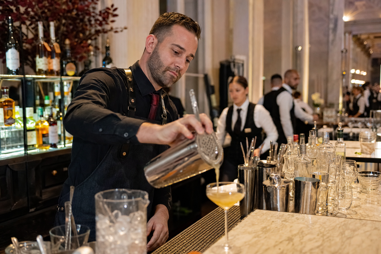 Bartender pouring drinks at a busy Canadian event service bar