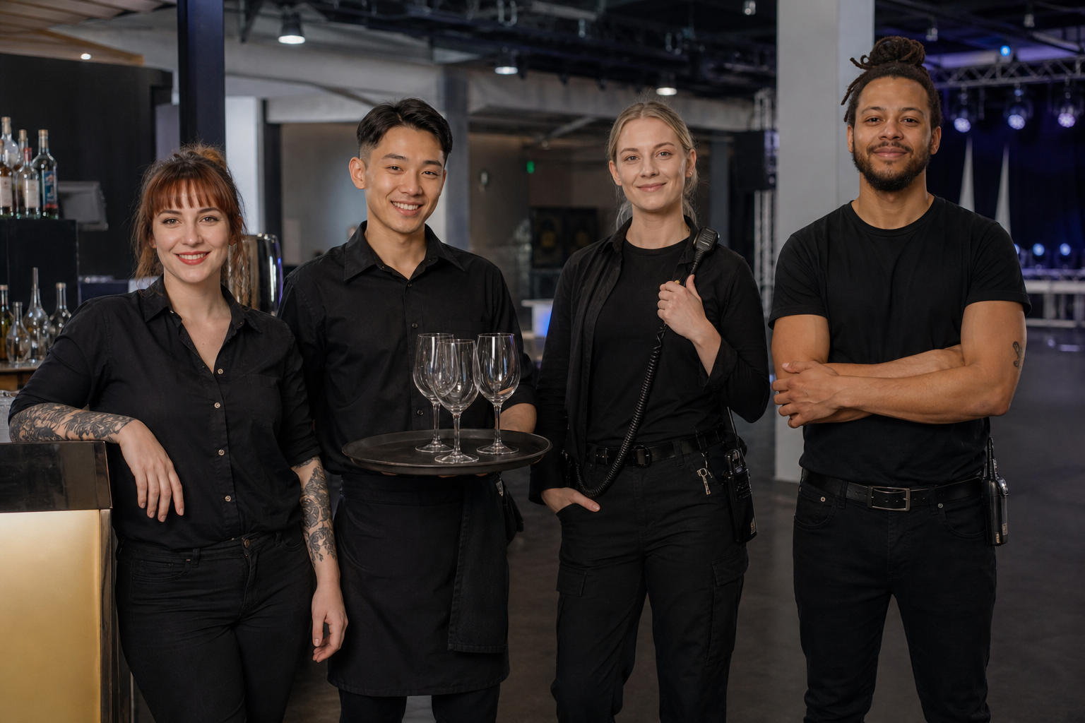 Diverse bartenders, servers, and event crew at a Canadian venue