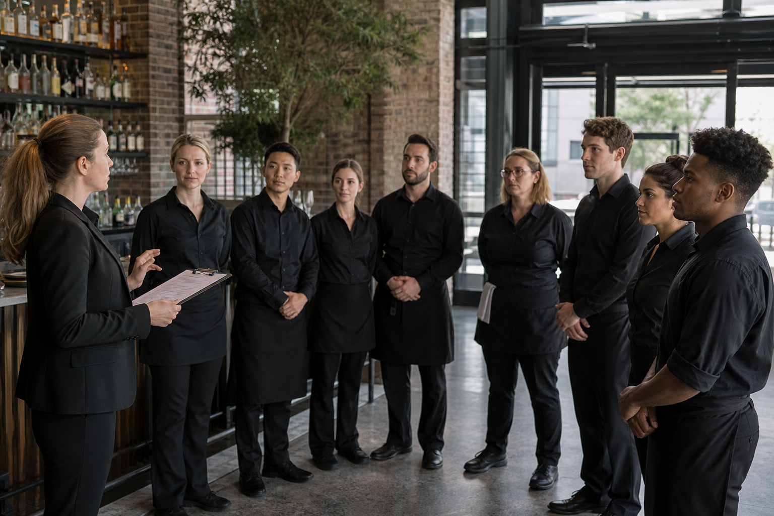 Event manager briefing waitstaff and bartenders before doors open