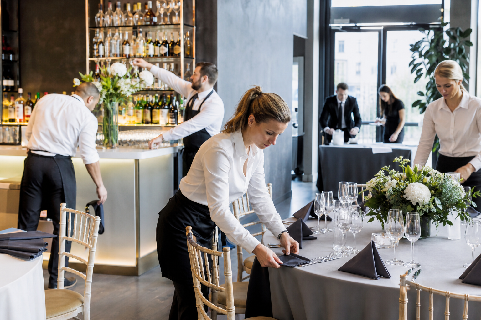 Event team prepping bar and tables before doors open at a venue