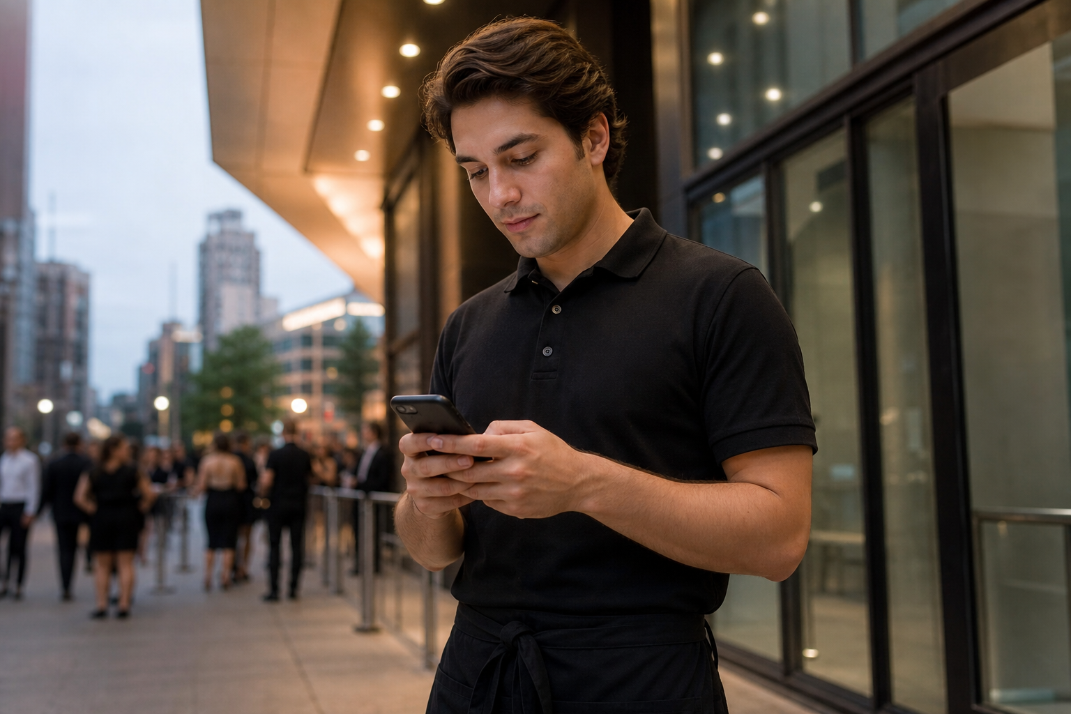 Gig worker checking shift details on phone before an event shift