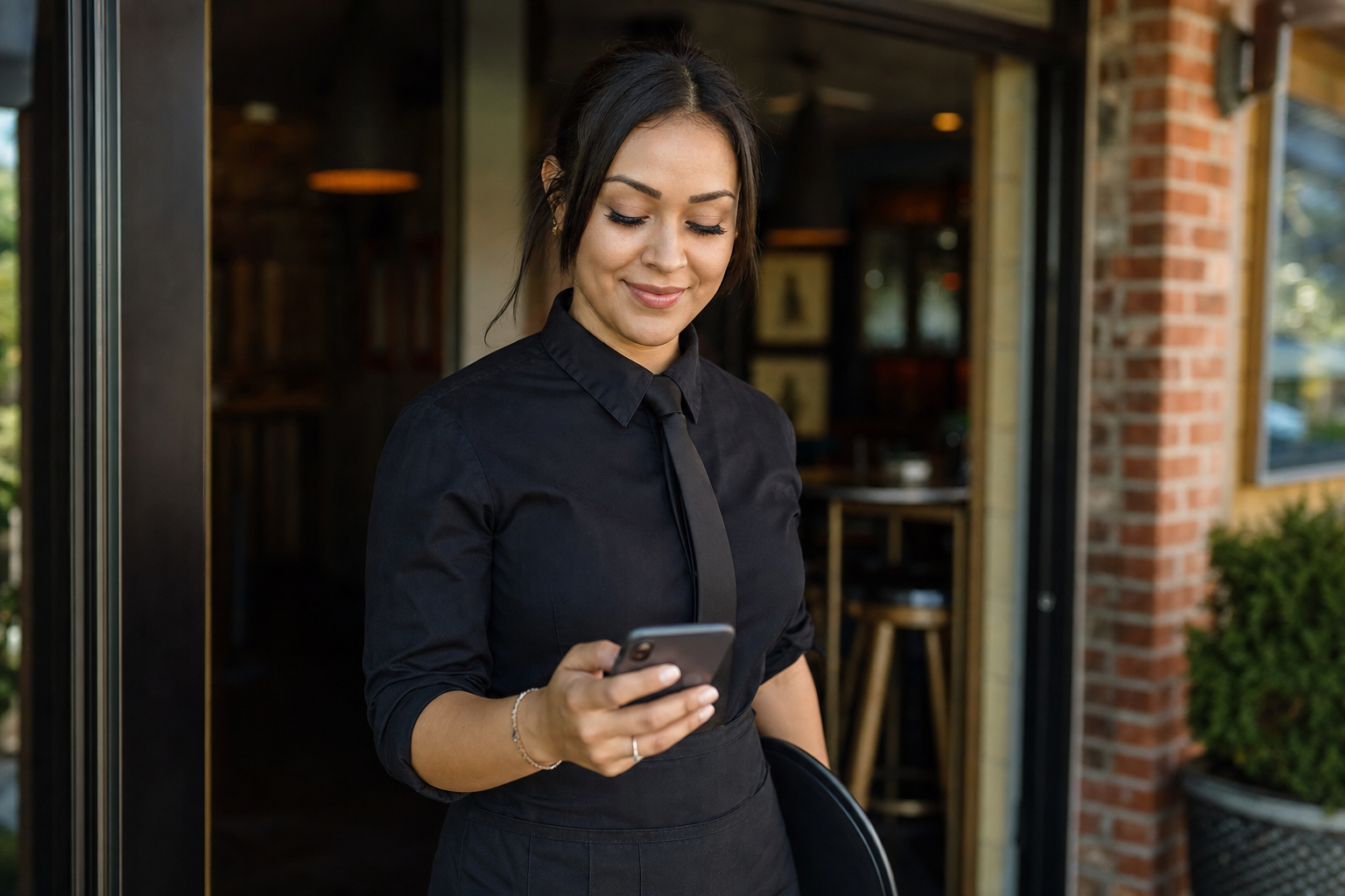 Event staff worker checking phone for gig shift details before starting work