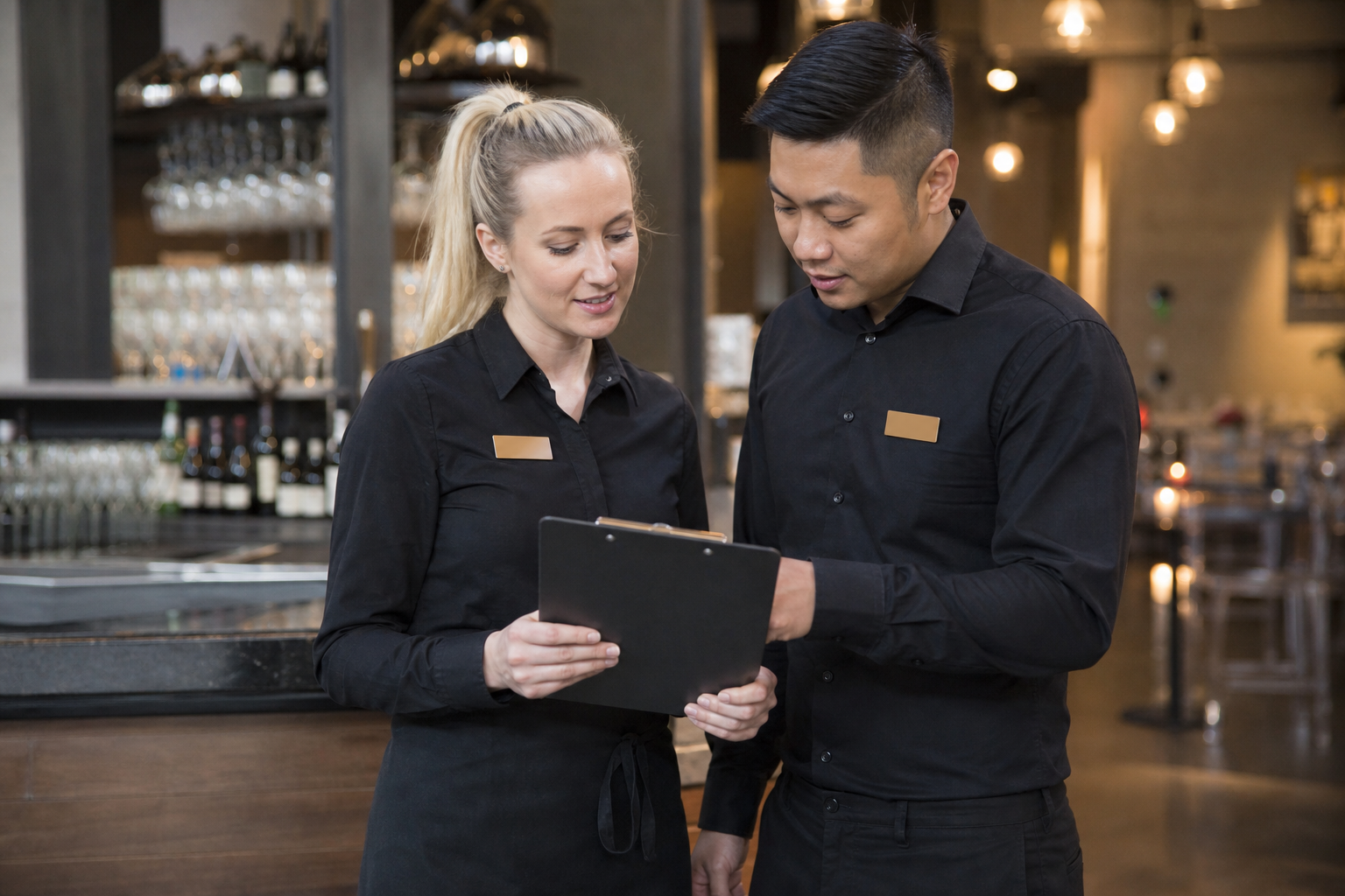 Waitstaff and bartender reviewing certification documents before an event shift